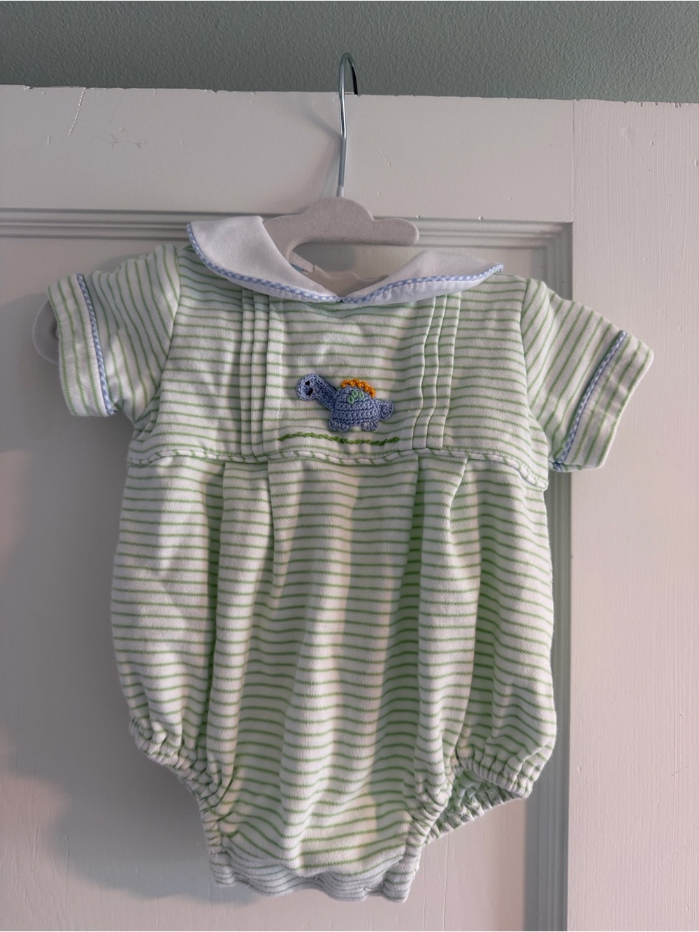 Striped Green Baby One-Piece with Dinosaur Embroidery